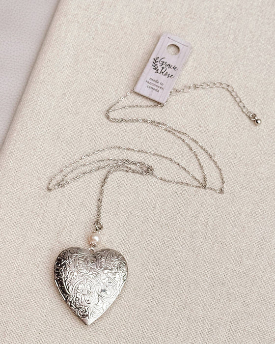 Large Silver Heart Locket Freshwater Pearl Necklace