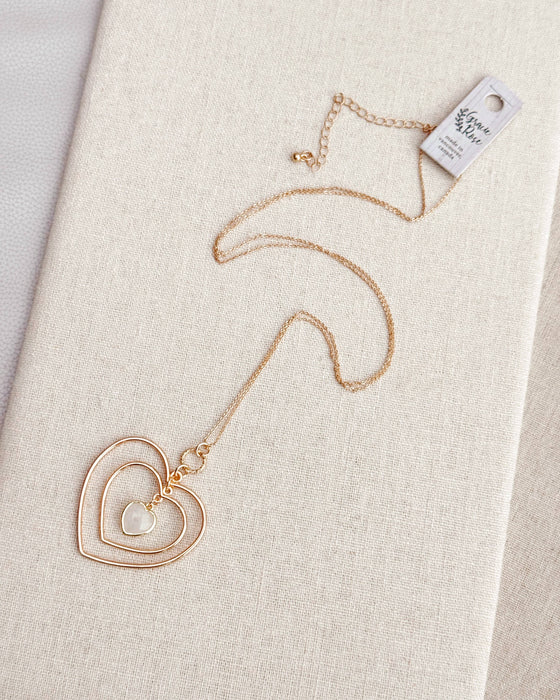 Gold White Quartz Double Heart Necklace