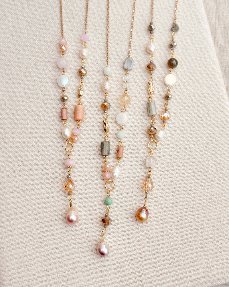 Gold & Multicolor Pearl Beaded Y Necklace