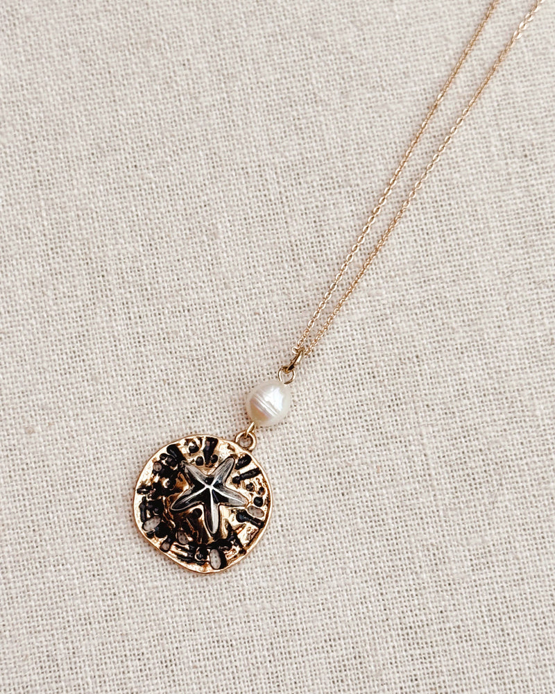Gold Pearl Sand Dollar Beach Pendant Necklace