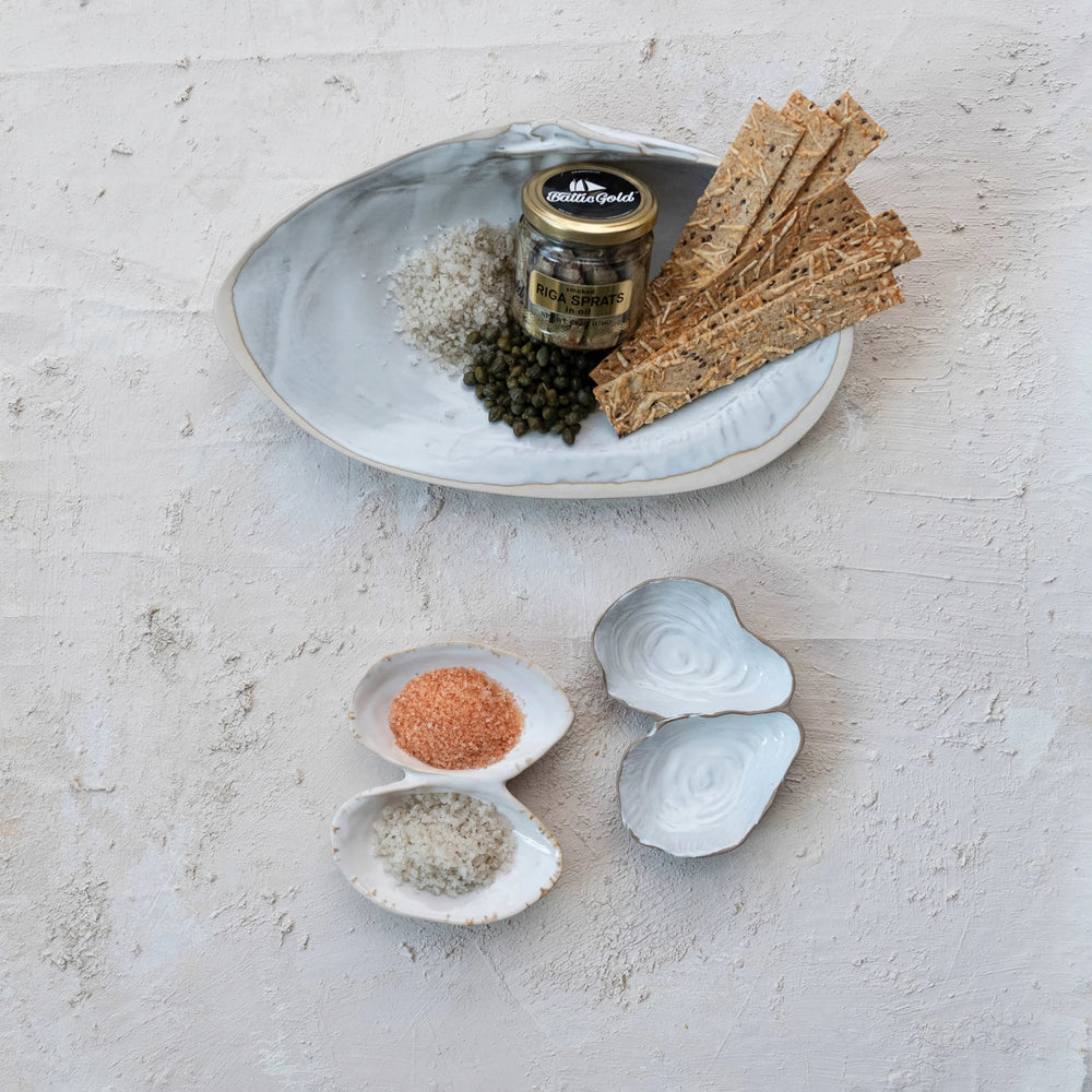 Stoneware Oyster Shell Shaped Dish w/ 2 Sections 8726