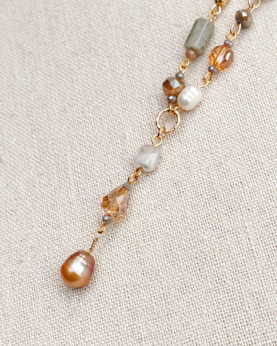 Gold & Multicolor Pearl Beaded Y Necklace