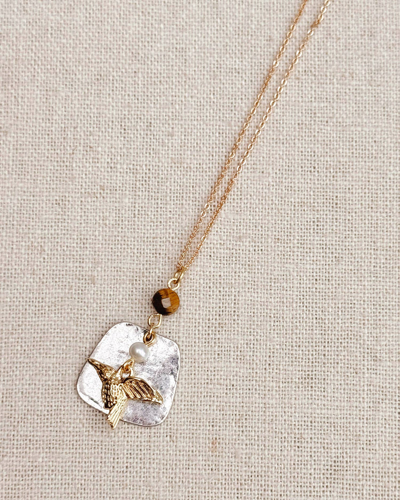 Tiger’s Eye Freshwater Pearl Hummingbird Necklace