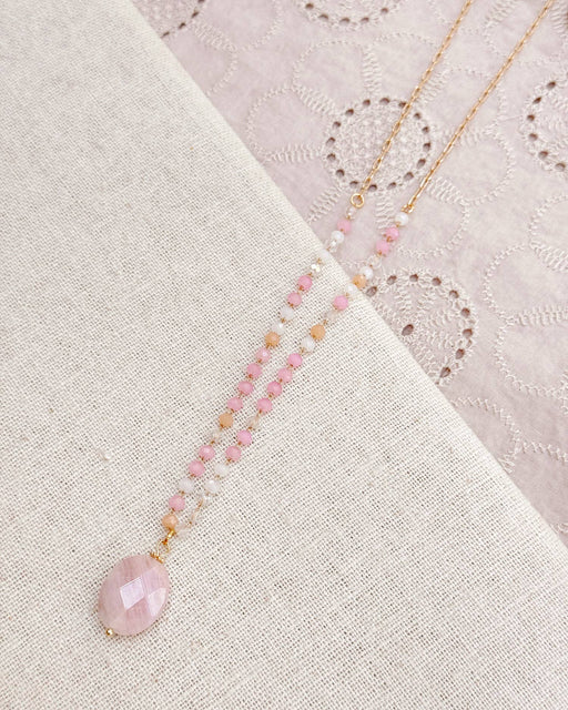 Rose Quartz Pendant Necklace with Blush Beaded Chain