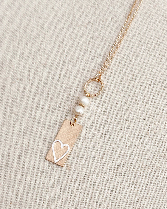 Two Tone Gold & Silver Pearl Heart Tag Necklace