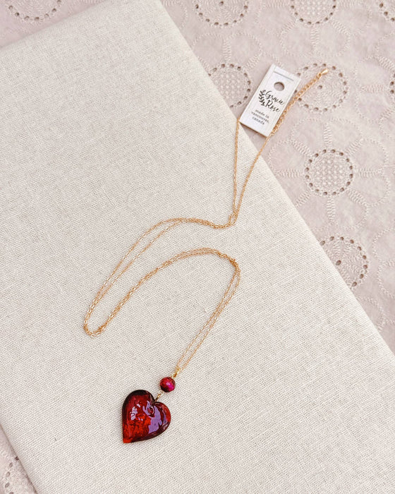 Medium Murano Glass Ruby Red Heart Necklace with Gold Chain