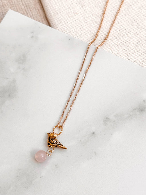 Cute Gold Rose Quartz Bird Charm Pendant Layering Necklace