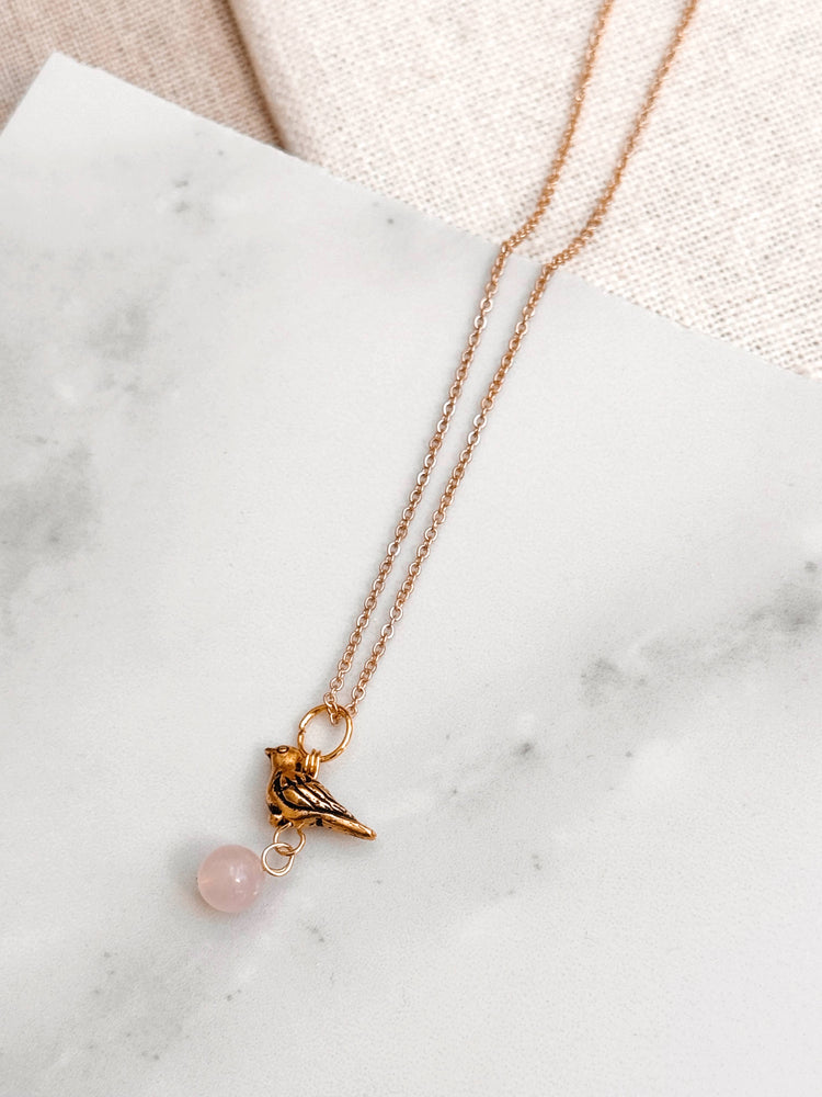 Cute Gold Rose Quartz Bird Charm Pendant Layering Necklace