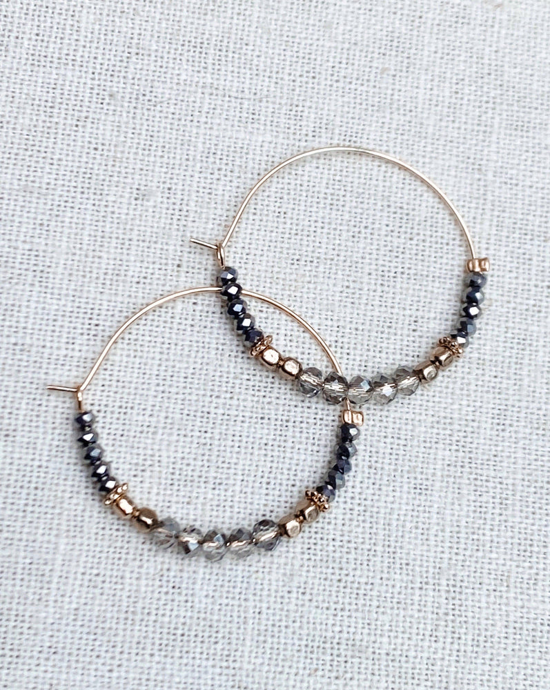 Glam Gold & Grey Crystal Beaded Hoop Earrings