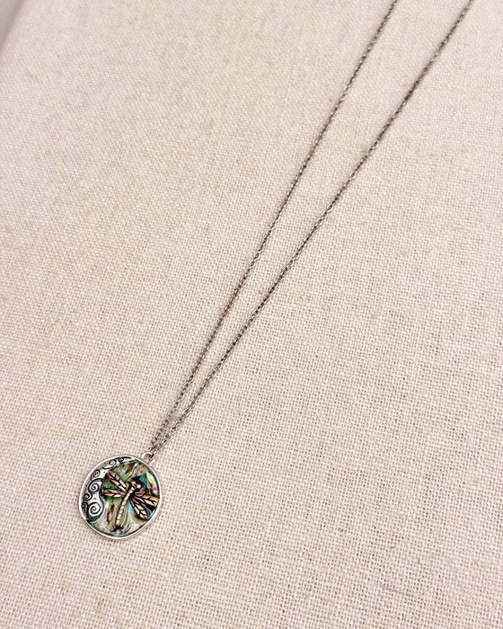 Dragonfly Abalone Charm Medallion Necklace