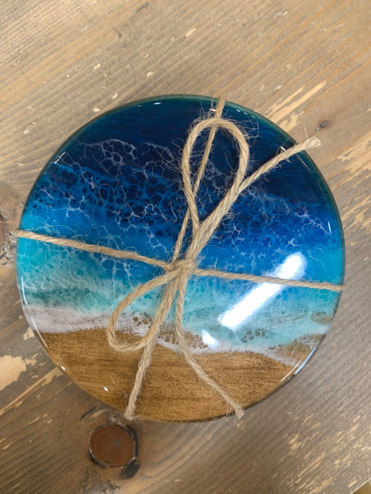 Round Blue Beach 2 pack Resin Coasters