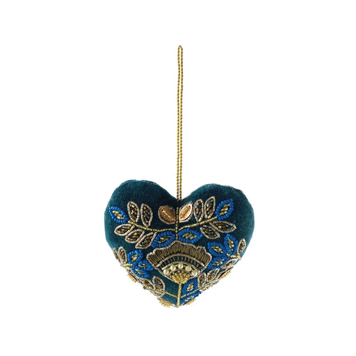 Cotton Velvet Heart Ornament w/ Embroidery & Acrylic Beads, Multi Color