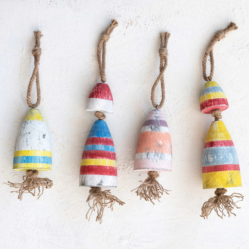 Hand-Painted Birchwood Buoy Ornament w/ Jute Rope Hanger, 2 Colors the smaller ones in photo with single buoys