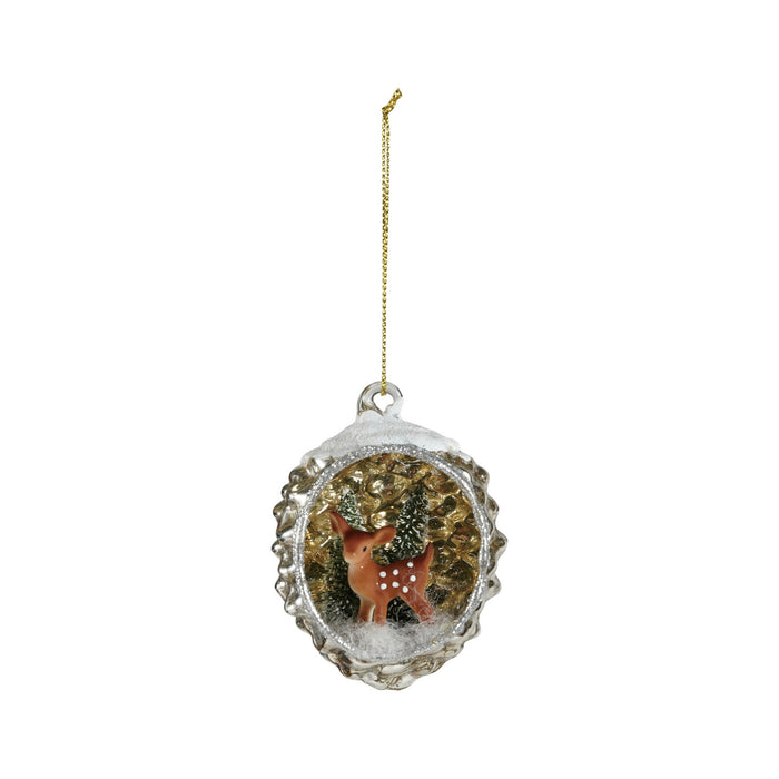 XT2339 Glass Diorama Ornament W Deer & Glitter Multi Color