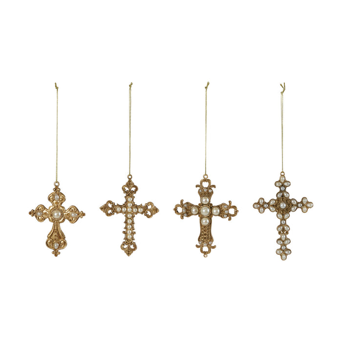 XT2481A Pewter Cross Ornament W Faux Pearls Gold Finish